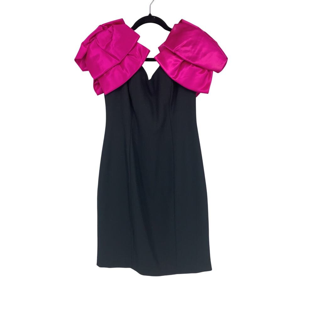 80s Jessica Howard Dress Womens XS Black Pink Petite Off Shoulder Ruffle Sheath